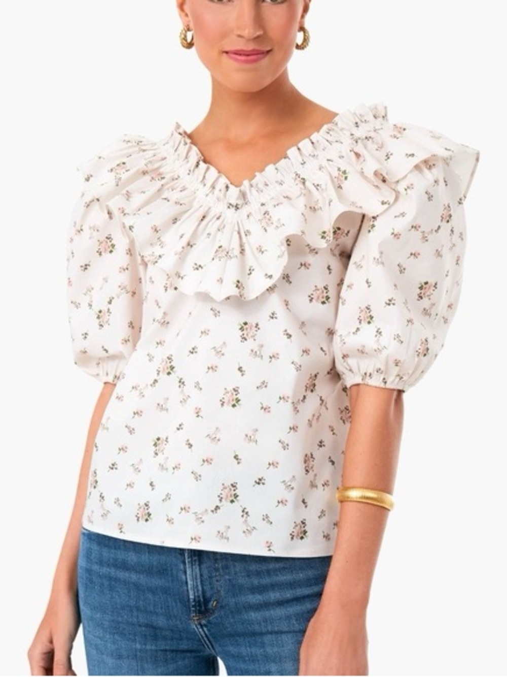 Hyacinth House Floral Ruffle Puff-Sleeve Blouse S